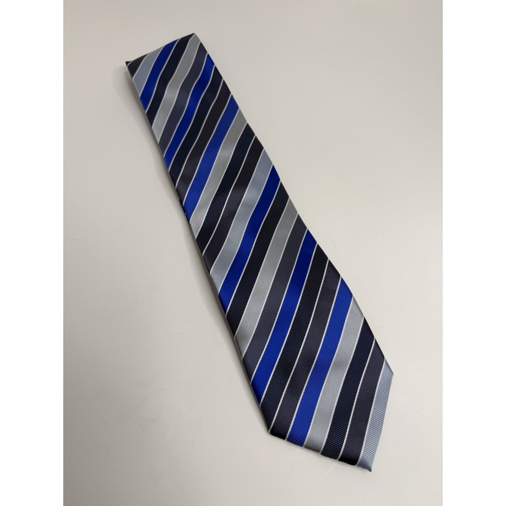 David Taylor Green Label Mens Tie Blue Gray Black Diagonal Stripe Necktie, 58"